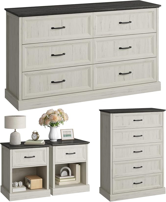 CARPETNAL Farmhouse Dresser and Nightstand Sets for Bedroom, 4 Pcs Bedroom Set, 5 Drawer & 6 Drawer Dresser and Nightstand Set of 2, Wood Chest of Drawers for Living Room, Entryway, White