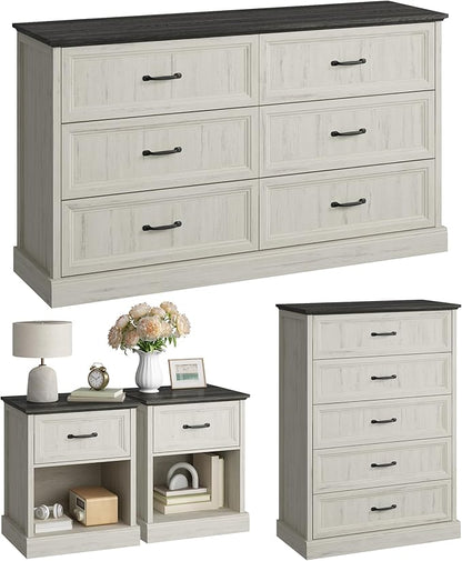 CARPETNAL Farmhouse Dresser and Nightstand Sets for Bedroom, 4 Pcs Bedroom Set, 5 Drawer & 6 Drawer Dresser and Nightstand Set of 2, Wood Chest of Drawers for Living Room, Entryway, White