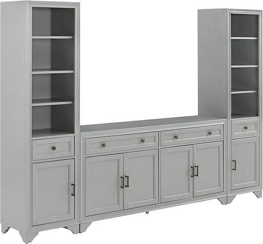 Crosley Furniture Tara 3-Piece Modern Farmhouse Sideboard Buffet Cabinet and Bookcase Set with Storage, Distressed Gray