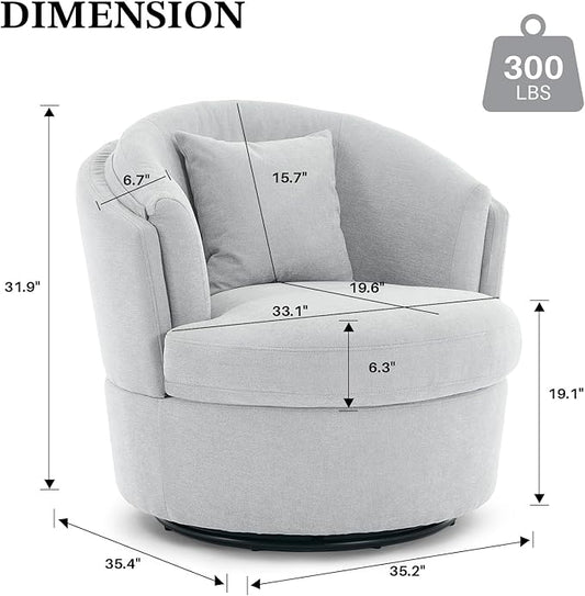 Swivel Accent Chair, 360 Degree Round Swivel Barrel Chair with Pillow, Widened Upholstered Chenille Barrel Armchair for Living Room Bedroom Reading Room, Light Gray