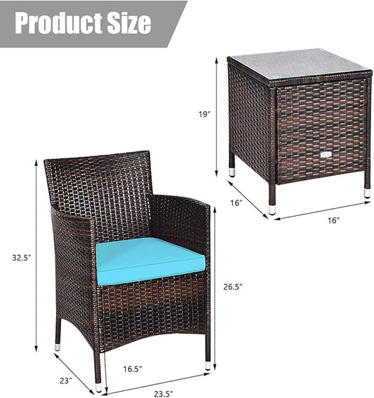 COSTWAY 3 PCS Patio Furniture Set, Outdoor Wicker Conversation Set with Tempered Glass Coffee Table, Seat Cushions, Rattan Wicker Chairs for Poolside Balcony Porch Backyard, Blue