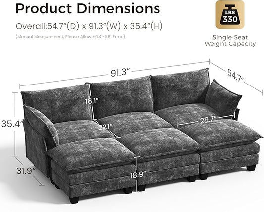 KKL 91.3" Large Modular Sectional Sofa Bed, 6 Seater Convertible J/L-Shaped Sleeper Cloud Couch with Ottoman, Chenille Sectional Couches for Living Room, Apartment, Grey