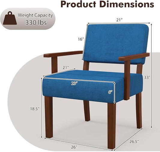 Giantex Mid Century Modern Accent Chair Blue - Linen Living Room Arm Chair w/Soft Padded Seat & Backrest, Rubber Wood Frame, Upholstered Reading Chair for Living Room, Bedroom, Reception