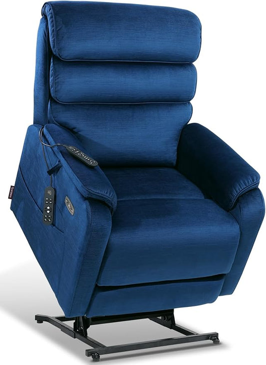 EONIX Wide Lay Flat Power Lift Recliner Chair for Elderly, Heavy Duty Oversized Fabric Lift Chairs Recliner Sofa with Heat and Massage and Charging Ports, Chenille Blue