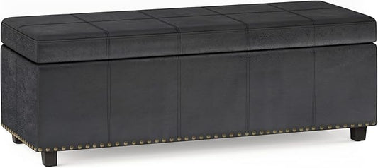SIMPLIHOME Kingsley 48 inch Wide Transitional Rectangle Large Storage Ottoman in Distressed Black Vegan Faux Leather, Assembled for the Living Room, Entryway and Family Room