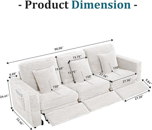 ORRD Power Reclining Sectional Sofa, Electric 3 Seat Recliner with 3 Electric Footrest and Adjustable Headrest, Modern Plush Corduroy Fluffy Reclining Sectional with Deep Seat for Living Room-White