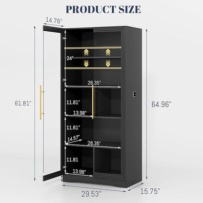Vlsrka 65" File Cabinet, Filing Cabinets Fit Letter/A4 Size, Storage Cabinet with Doors & Lights, Tall File Bookcase with 2 Adjustable Shelves for Home Office, Living Room, Black