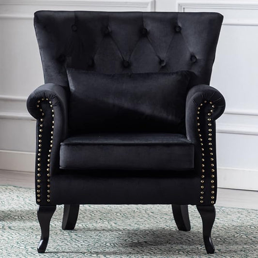 Mid Century Modern Accent Chair Upholstered Armchair Comfy Velvet Fabric Single Sofa with Tufted Wingback for Small Spaces Bedroom Living Room, Black