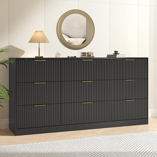 Dresser for Bedroom with 9 Drawer, 63” Long Black Dresser Modern Chest of Drawers with Metal Handle, Wood TV Stand Storage Organizer for Bedroom, Living Room, Black