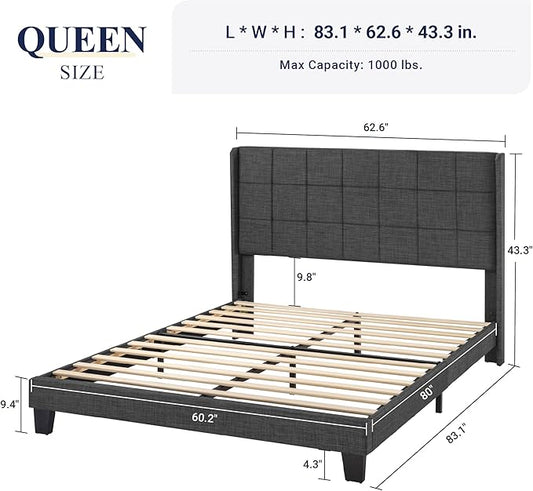 Allewie Queen Size Platform Bed Frame with Wingback, Fabric Upholstered Square Stitched Headboard and Wooden Slats, Mattress Foundation, Box Spring Optional, Easy Assembly, Dark Grey