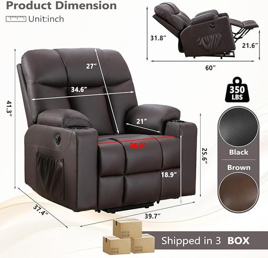 ANJ Brown Power Lift Recliner Chair for Elderly with Heat & Massage, Faux Leather Electric Recliner Sofa with Cup Holders, USB Port & Side Pockets, Heavy Duty Reclining Chair for Seniors