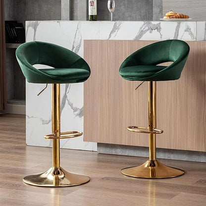 CIMOO Velvet Swivel Bar Stools Set of 2 with Open Back, Upholstered Adjustable Bar Height Bartools Modern Counter Height Barstools Island Chairs with Gold Legs for Kitchen/Home Bar/Pub, Green