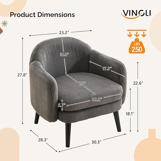 VINGLI 30.3" Wide Modern Barrel Accent Armchair with Track Armrest, Solid Wooden Legs, Comfy Upholstered Club Chair, Round Single Home Sofa for Living Room, Bedroom, Reading Room, Corduroy Grey