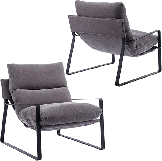 LukeAlon Modern Linen Accent Armchairs Set of 2, Upholstered Living Room Chairs with Metal Base Thickened Cushion Single Sofa Chairs Comfy Lounge Chairs for Bedroom Living Room, Grey