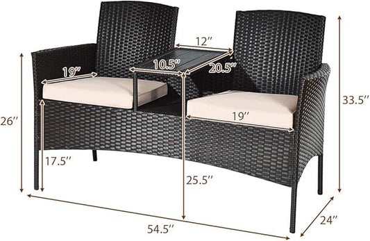 COSTWAY 2-Seat Patio Conversation Sets, Outdoor Patio Loveseat Set with Removable Cushions & Built-in Coffee Table for Backyard, Garden, Lawn, Balcony, Brown+Beige