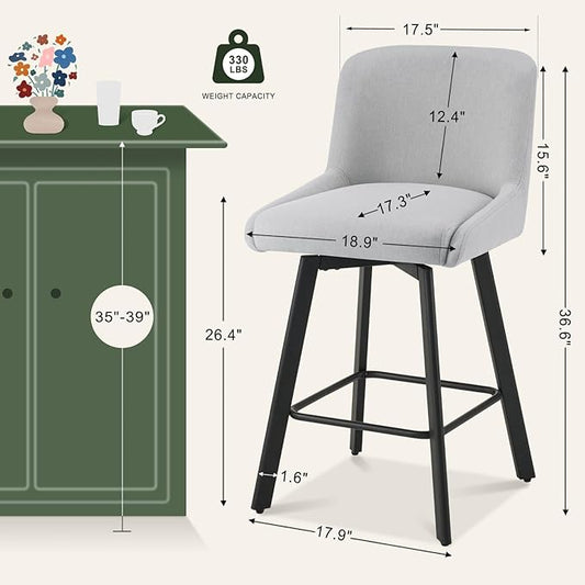 Swivel Bar Stools Set of 2, 26''H Upholstered Barstools with Backs, Modern Counter Height Bar Stool Chairs for Kitchen Island, Metal Legs, Fabric, Light Gray Counter Stools