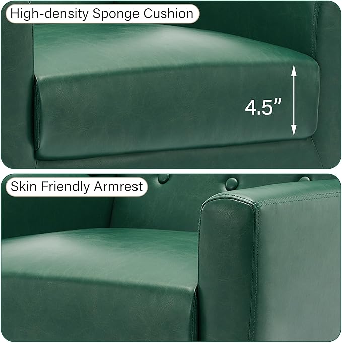 Accent Chair, Mid-Century Modern PU Leather Chairs with Arms for Living Room, Comfy Upholstered Club Single Sofa Armchair for Bedroom Waiting Room with Solid Wood Frame（Leather Green, Set of 1