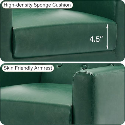 Accent Chair, Mid-Century Modern PU Leather Chairs with Arms for Living Room, Comfy Upholstered Club Single Sofa Armchair for Bedroom Waiting Room with Solid Wood Frame（Leather Green, Set of 1