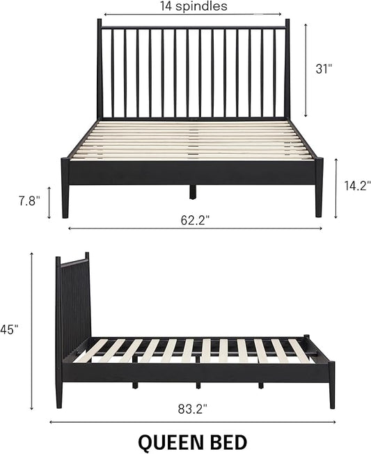 NTC Inno Wooden Bed Frame with Headboard, Solid Oak and Rubber Wood Foundation with Silent Slats and Wood Central Supports, 1000 Lb Capacity, Effortless Assembly, Queen - Burnt Black