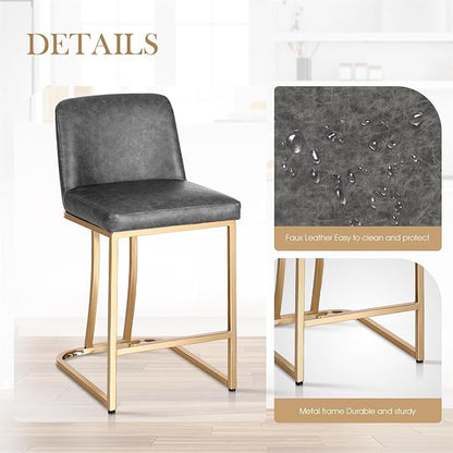 Sophia & William Counter Height Bar Stools Set of 3, Modern PU Leather Kitchen Island Stools,Gold Polished Bar Chairs,Grey & Gold