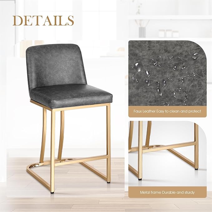 Sophia & William Counter Height Bar Stools Set of 4, Gold Bar Stools for Kitchen Island, Modern PU Leather Counter Stools,Grey & Gold