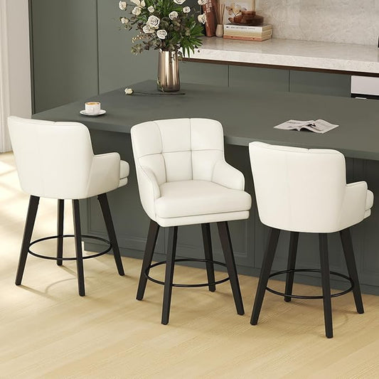 360°Swivel Counter Height Bar Stools with Back, 26 inch Solid Wood Legs, Bar Stool Modern Kitchen Island Chairs, Faux Leather (Beige- Faux Leather, 26" H- Set of 3)