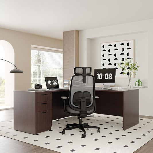 82.67" x 66.93" Bow Front L-Shaped Executive Desk with 3-Drawer File Cabinet (Espresso)