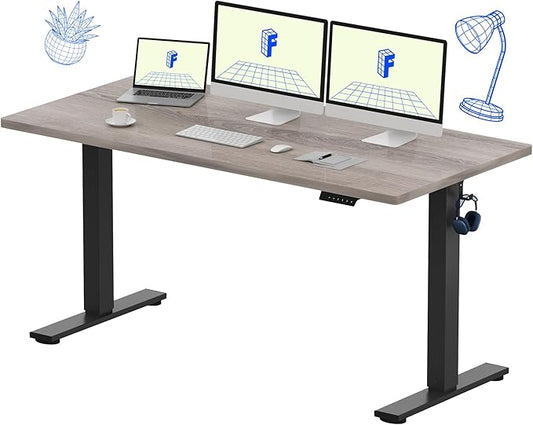FLEXISPOT EN1 Whole Piece Standing Desk, 60 x 24 Inches Height Adjustable Desk Electric Sit Stand Desk for Home Office (Black Frame + Gray Wood Desktop, 2 Packages)