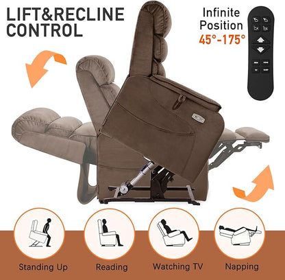 EONIX Wide Lay Flat Power Lift Recliner Chair for Elderly, Heavy Duty Oversized Fabric Lift Chairs Recliner Sofa with Heat and Massage and Charging Ports, Chenille Brown