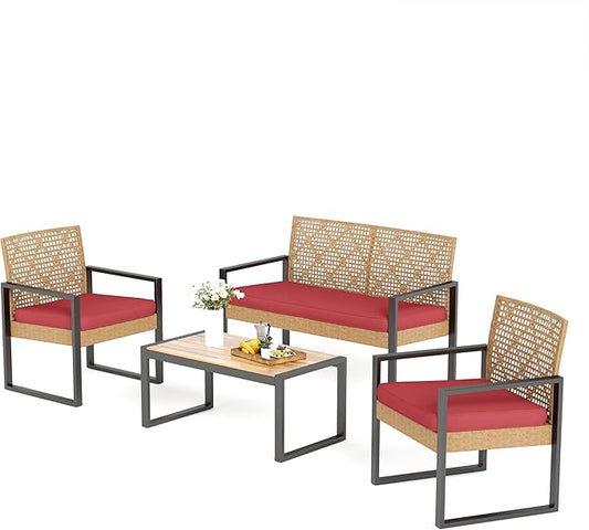 MFSTUDIO 4 Pieces Outdoor Patio Furniture Set, Outdoor Rattan Loveseat Furniture with Wood Table, Loveseat & Chairs, Small Patio Sectional Sofa Set for 4, Red