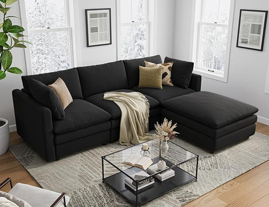Txtin's Cloud Couches for Living Room L Shaped Sectional Couch with Ottoman Deep Plush 4 Seats Sofa Modern Sofa for Apartment Black