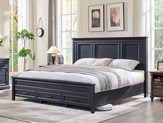 ACCOHOHO Farmhouse King Size Bed Frame with 52" Tall Headboard, Wood Platform Bedframe with Footboard and Storage Drawers, No Squeak, No Box Spring Needed, Black