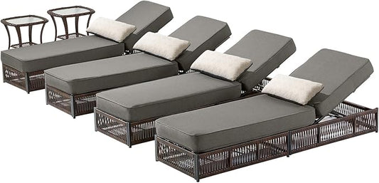 Luxury Outdoor Chaise Lounge Chairs of 4 with 5 Inch Thick Cushions and Side Table - 6 PCS High Back Brown Wicker Rattan Patio Recliners Lounger Furniture Set for Poolside Sunbathing - Grey