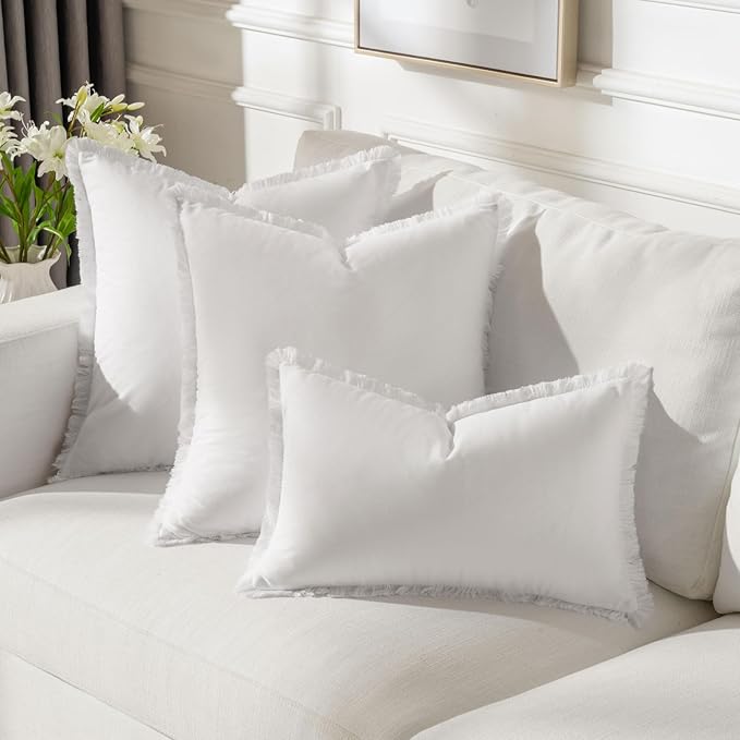 FUTEI Cream White Velvet Decorative Throw Pillow Covers 26x26 Set of 2,Soft Cozy Edge with Tassels Euro Pillow Shams,Boho Modern Home Decor for Couch Bed Living Room