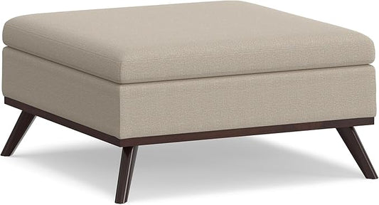 SIMPLIHOME Owen 36 inch Wide Mid Century Modern Square Coffee Table Storage Ottoman in Natural Polyester Fabric, Assembled, for the Living Room, Entryway and Family Room