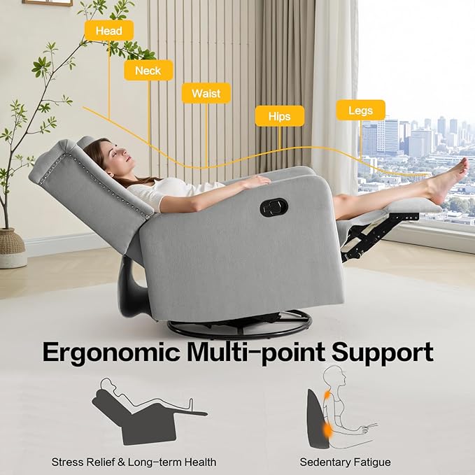 ABAKAN Swivel Rocker Recliner Chair, 360 Degree Nursery Rocking Recliner, Linen Glider Chair with Button Tufted Wingback Chair, for Living Room, Bedroom, Gray
