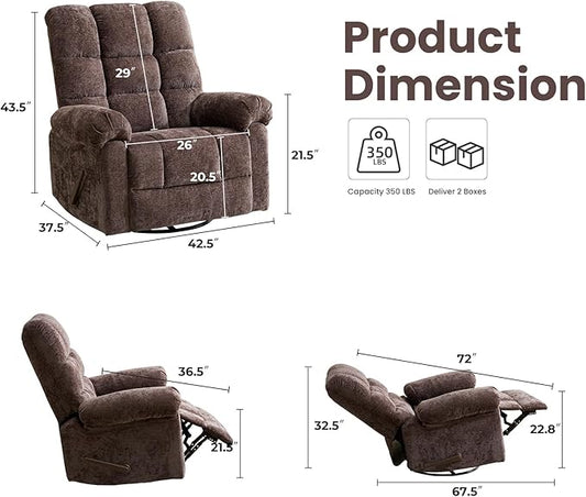 Oversized Swivel Rocker Recliner with Massage and Heat, 26" Extra Wide Manual Recliner for Adults & Big Man, Overstuffed Rocking Chair with High Back for Living Room, Coffee Chenille