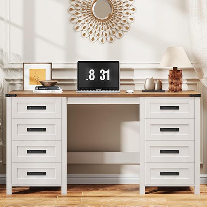 Vabches Farmhouse 60.6” Executive Desk with 7 Drawers, Computer Desk with File Drawer for Hanging Files A4, Workstation for Home Office, Study.Unique White