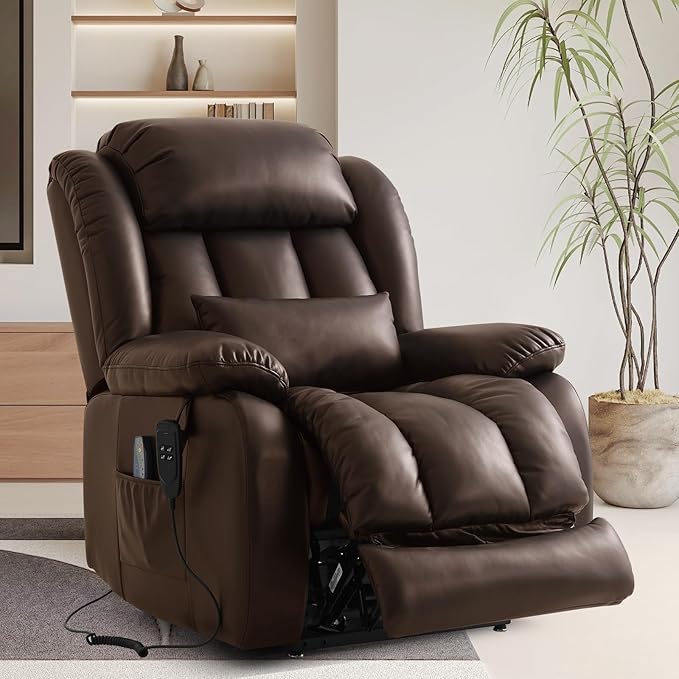 TEKAMON Power Lift Recliner Chair for Elderly with Heat & Massage, Dual Motor Breathable Leather Recliner, Lay Flat Sleeping Chairs with Infinite Position, RemoteControl(Brown, Extended)