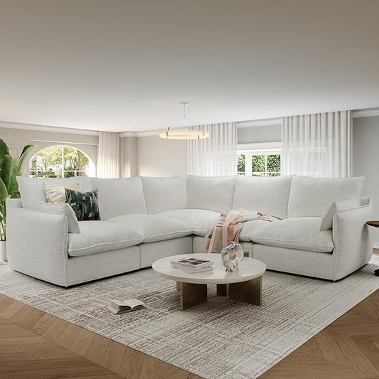 Cloud Modular Sectional Sofa, Waterproof Down Filled Sectional Sofas, High Backrest V Shaped 5 Seater Sectional Couches for Living Room, Modern Modular Couch with Removable Cover, Cream White