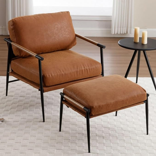 LukeAlon Mid-Century PU Leather Accent Chair with Ottoman, Soft Living Room Chair with Metal Legs Wood Arms Modern Upholstered Lounge Chair Leisure Chair with Footstool for Bedroom Reading Room, Brown