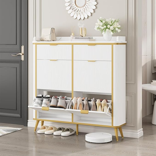Fluted Shoe Cabinet Storage, Freestanding Hidden Shoe Organizer with 4 Flip Drawers & 2 Drawers, Wood Narrow Shoe Rack Cabinet with Adjustable Shelves for Entryway, Foyer, Hallway, White