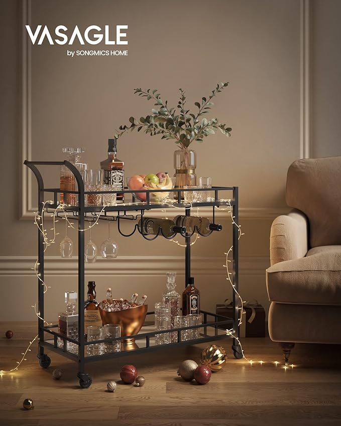 VASAGLE Bar Cart Black, Home Bar Serving Cart, Wine Cart with 2 Mirrored Shelves, Wine Holders, Glass Holders, for Kitchen, Dining Room, Black ULRC090B62