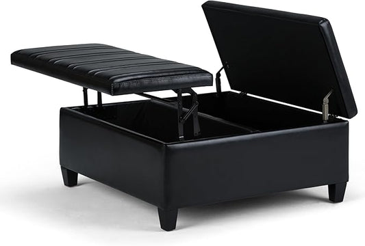 SIMPLIHOME Ellis 36 inch Wide Contemporary Square Coffee Table Storage Ottoman in Midnight Black Vegan Faux Leather, Assembled, For the Living Room and Bedroom