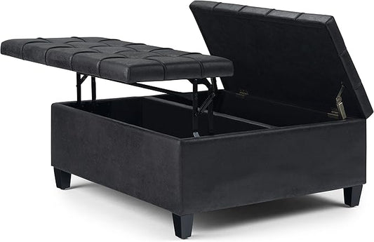 SIMPLIHOME Harrison Coffee Table Storage Ottoman - 36 inch Wide Upholstered Vegan Leather Square Lift-Top Ottoman in Distressed Black, Transitional Ottoman for Living Room with Hidden Storage
