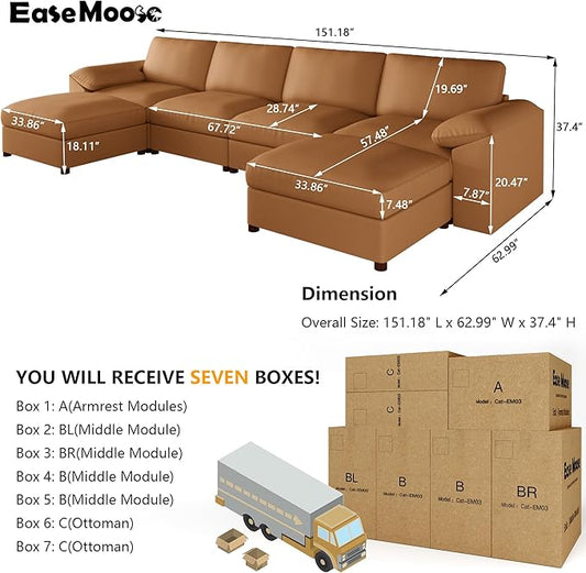 EASE MOOSE Oversized Modular Sectional Sofa,Leather Sectional Couch with Deep Seat,Extra Large U Shaped Couch,Faux Leather Material Sofa Modern Comfy Scratch Resistant,Brown