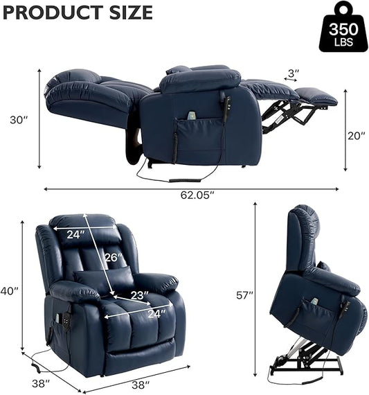 EDILLY Extra Large Power Lift Recliner Chairs for Elderly,Infinite Position Lay Flat Dual Motor Recliners Chair,with Heating and Massage, Breathable Leather,USB Ports and Remote Control(Blue)
