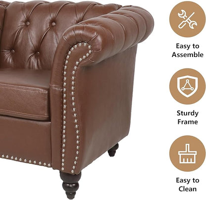 Chesterfield 3 Seater Sofa, Modern Leather Tufted Couch 3 Seater with Rolled Arms and Nailhead Mid-Century Upholstered Couch for Living Room, Bedroom, Apartment and Office, Brown