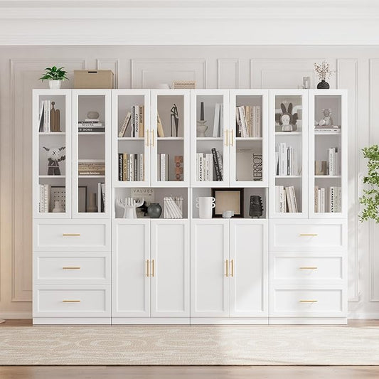 VOWNER Bookcase with Glass Doors & Drawers, 5 Tier Bookshelf with Adjustable Shelf, Modern Large Storage Display Cabinet Set for Home Office, Living Room, White (BDDB)