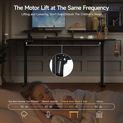 ONBRILL Standing Desk with 2 Adjustable Monitor Shelves, 63 x 24 Inches Electric Stand Up Desk with Memory Controller and Adjustable Height from 28-46 inches for Computer Workstations, All Black